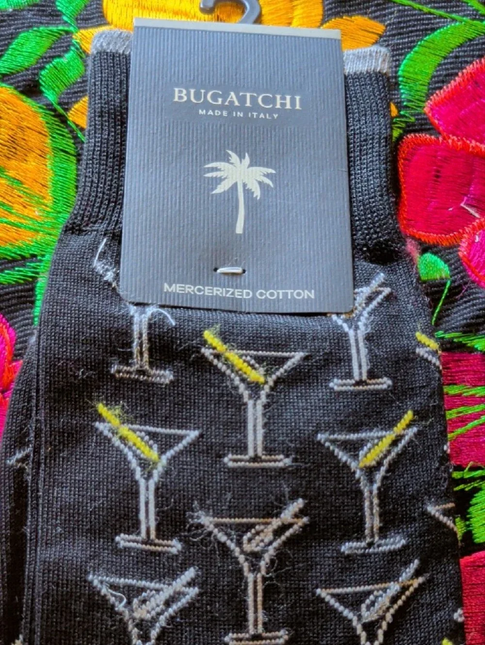 Bugatchi Black Socks with Gray Toe and Yellow Martini Detail